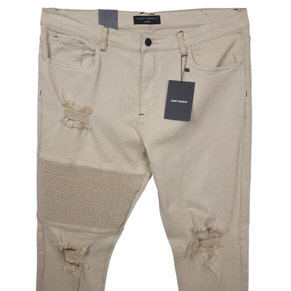 Saint Morta Men's Index Distressed Biker Jeans Sz 38x33 Moto Ripped Beige NWT - Picture 4 of 14